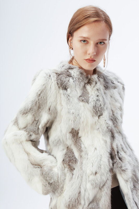 Ethel Anderson Real Farm Rabbit Fur Coat Women Striped Jacket Luxury Parkas Wedding 68cm Fur Jacket Female 2021 Winter