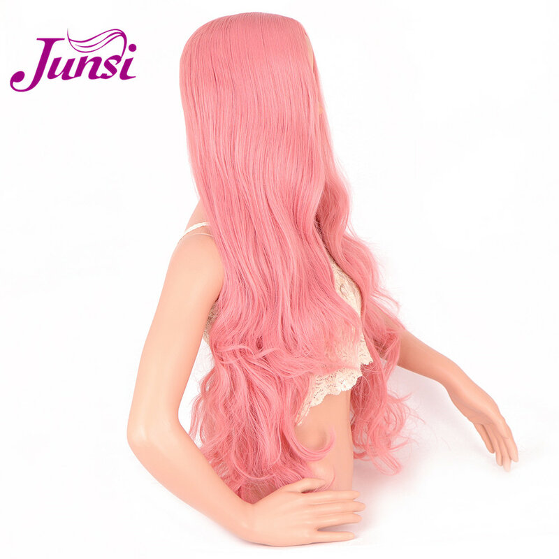 JUNSI 30 بوصة الوردي الباروكات ارتفاع درجة الحرارة طويل مجعد كبير موجة الشعر شعر مستعار اصطناعي تأثيري للأزياء النساء