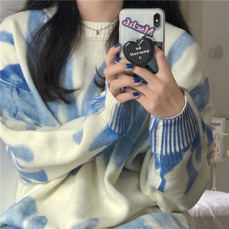 2021 Autumn and Winter Lazy Retro O-neck Spray Dye Printing Long-sleeved Loose Thick Knitted Sweater Single-breasted Jacket Coat