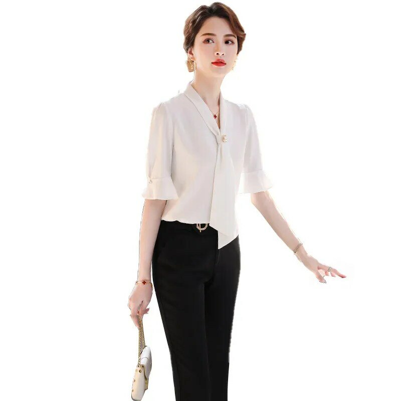 Camisa de manga sino outfit feminino verão 2021 nian novo estilo elegante temperamento levemente maduro escritório wear duas peças