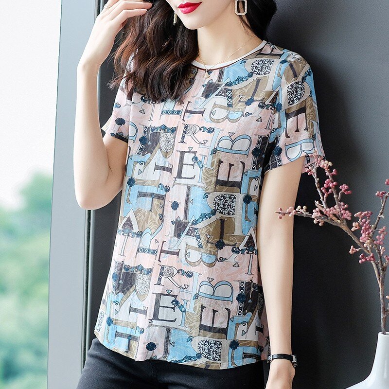 Yg Brand Women's Clothing 2021 Summer New European And American Popular Letter Printed Silk Top Mulberry Silk Round Neck T-shirt