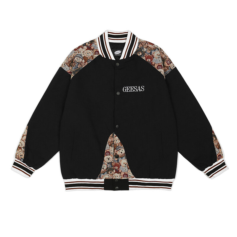 New Contrasting Hip Hop Harajuku Streetwear Jacket Patchwork Embroidery Bear Jacket 2021 Autumn Women Casual Bomber Female Coat