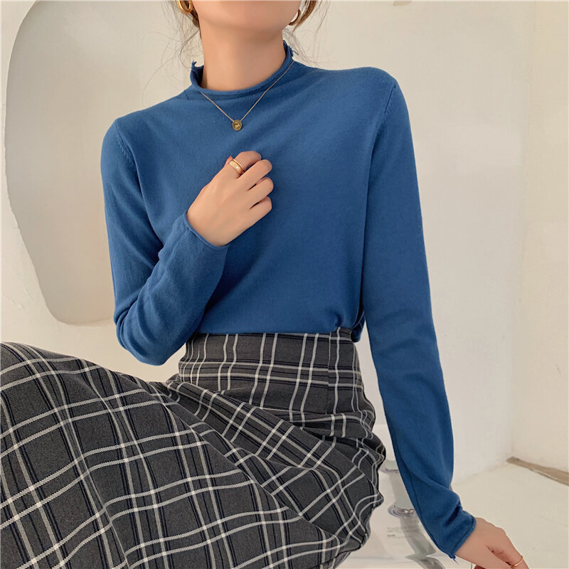 CMAZ-Camiseta de punto fina para mujer, suéter coreano de manga larga con cuello de tortuga, suéter elegante de fondo liso para mujer 2021 #181