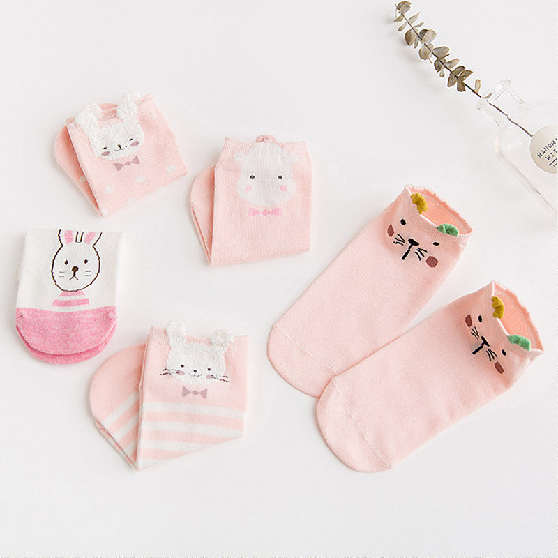 5Pairs New Arrivl Women Cotton Sock Pink Cute Cat Ankle Short Socks Casual Animal Ear Red Heart Gril Socks 35-40