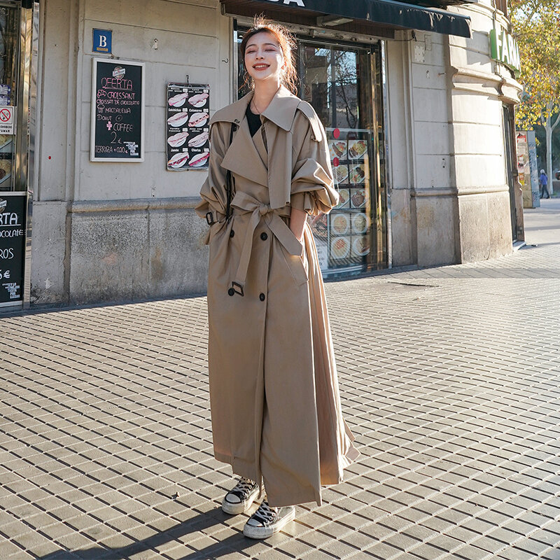 สไตล์เกาหลีหลวมขนาดใหญ่ X-Long Trench Coat Double-Breasted Belted Lady เสื้อคลุม Windbreaker ฤดูใบไม้ผลิฤดูใบไม้ร่วง outerwear สีเทา