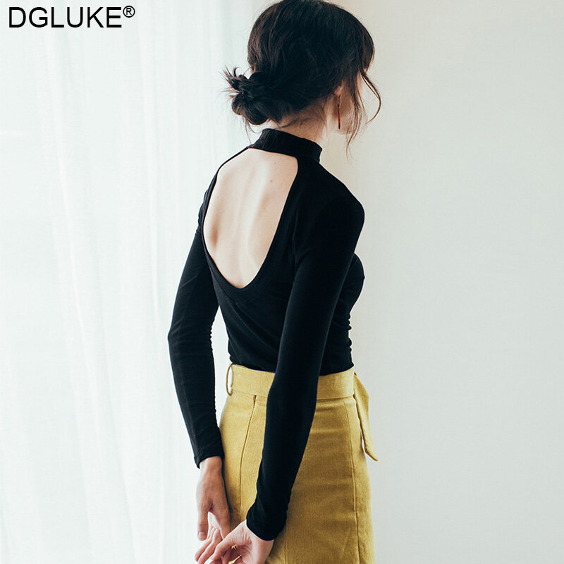 Backless Long Sleeve Top Women Fashion Black White Knitted Sweaters Spring Autumn Knitwear Pullover T shirt