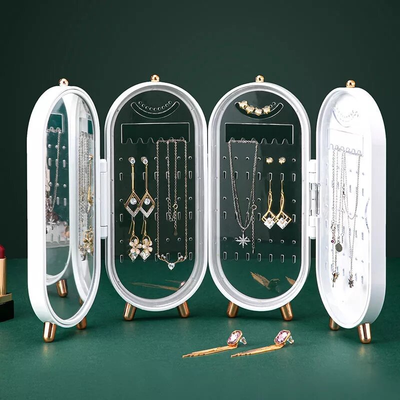 Caixa de armazenamento jóias brincos exibir suporte pulseira colar organizador dobrável portátil caixa plástico 4 portas 240 buracos grande