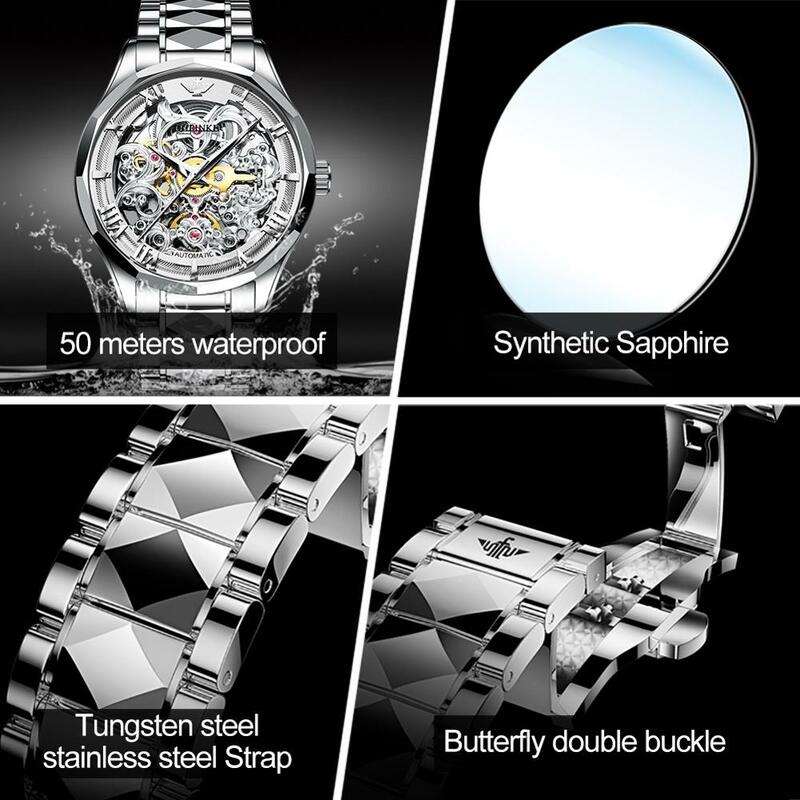 Oupinke relógio de pulso mecânico, masculino, automático, à prova d'água, luxo, aço de tungstênio, safira