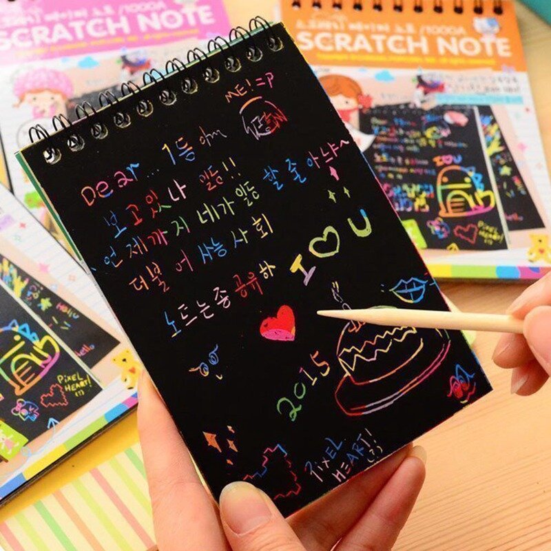 Bloc de notas con bobina Kawaii para niños, cuaderno para pintar, página negra de dibujo de libro mágico, Manual bonito, regalo de papelería