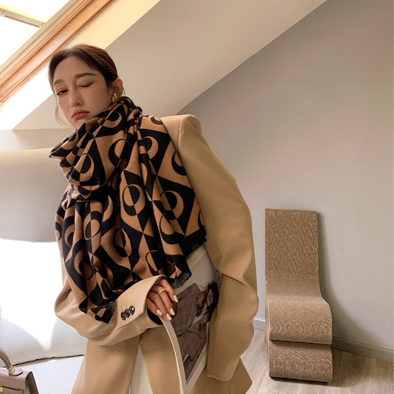 Роскошный брендовый двухсторонний шарф, женская зимняя теплая кашемировая шаль, шарфы, женское дизайнерское одеяло с геометрическим принт...