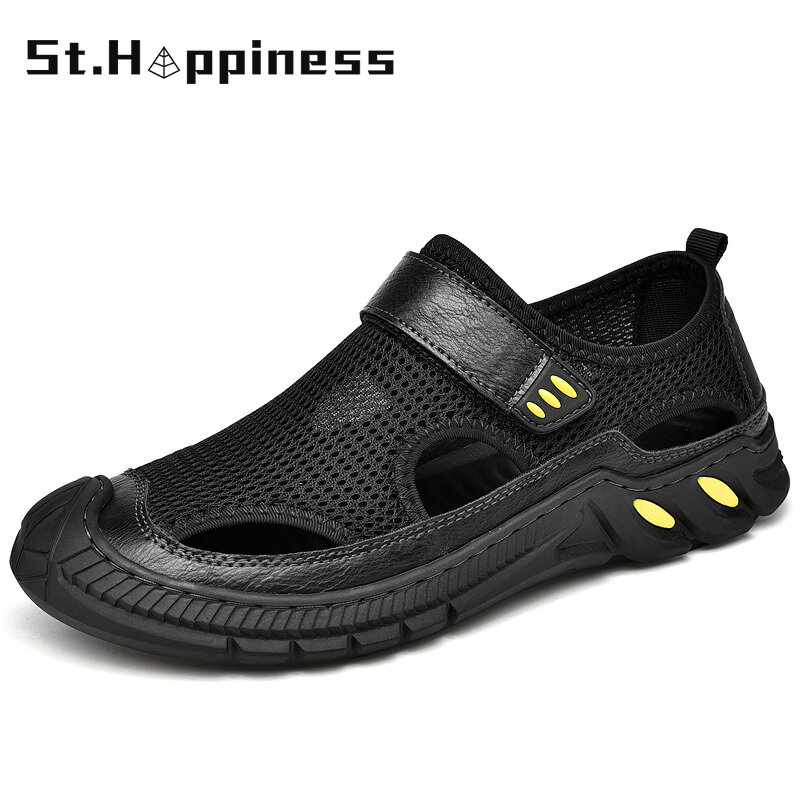 Men Sandals Fashion Leather Mesh Stitching Summer Beach Sandals Outdoor Gladiator Footwear Outdoor Light Wading Shoes Big Size