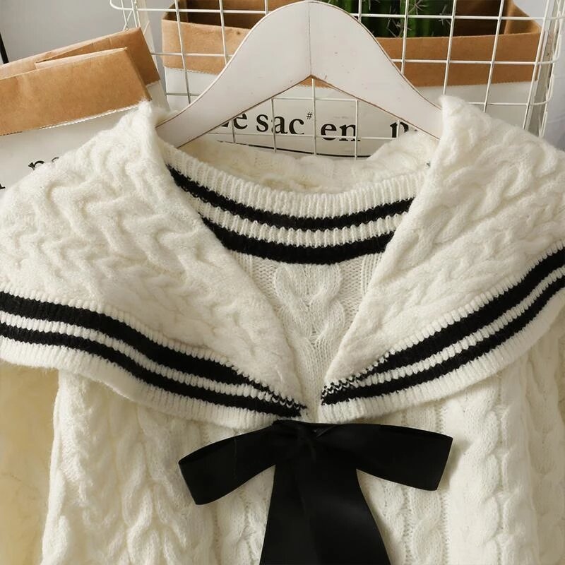 Свитер женский трикотажный повседневный, Дамский пуловер в стиле ретро, элегантный матросский воротник, нежный дизайн с бантом, во французс...