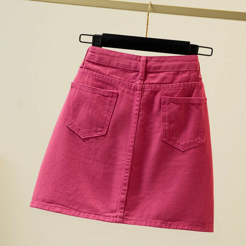 Женская джинсовая короткая юбка с завышенной талией, новая модель 2021, Корейская версия, облегающая юбка с запахом на бедрах, красная юбка А-с...