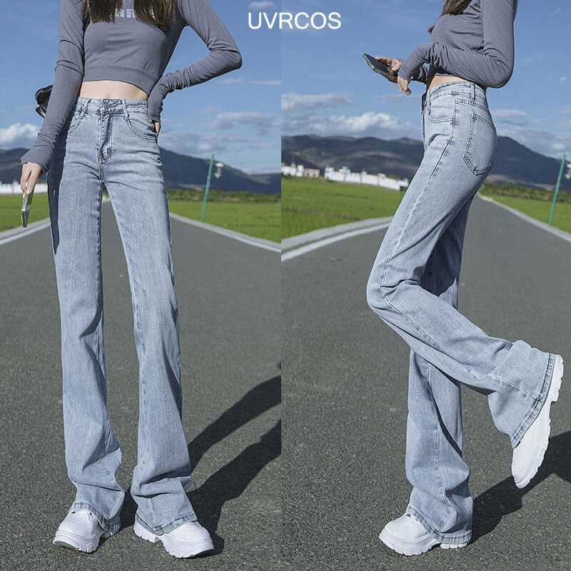 Jasny kolor wysokiej talii spodnie jeansowe kobiece koreański Stretch długi róg dżinsy czarny moda Casual bawełniane dżinsy damskie