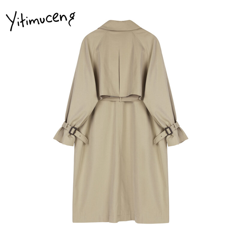 Yitimuceng trench coat com cinto duplo breasted simples clássico longo feminino blusão feminino primavera outono cáqui jaquetas pretas