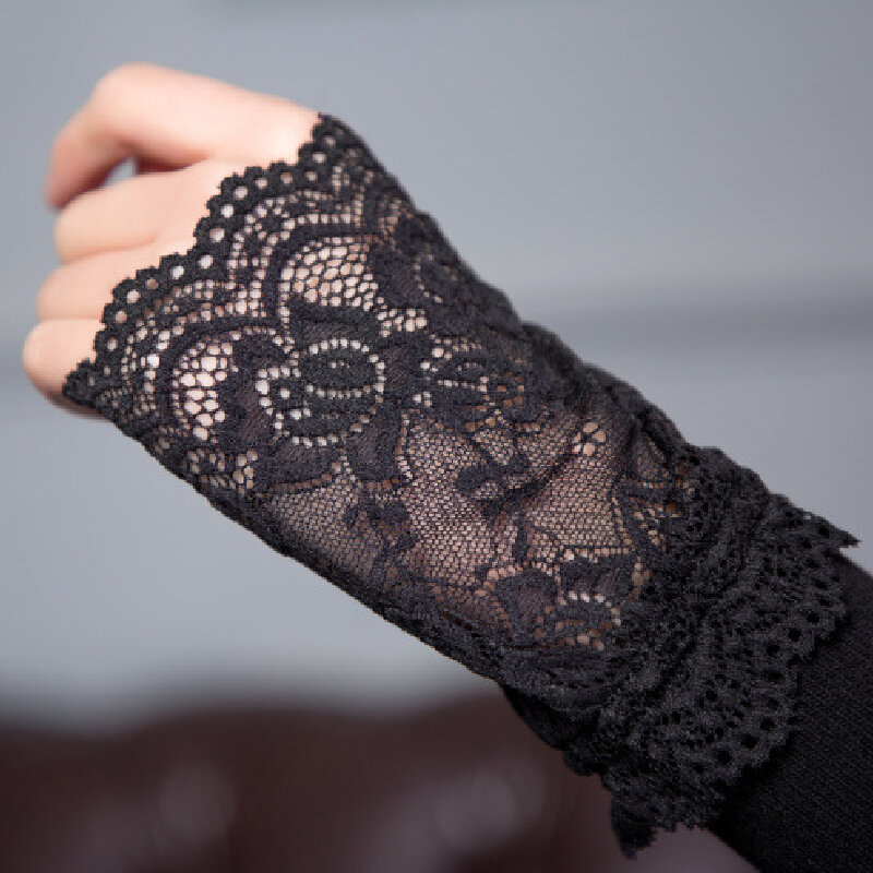 1คู่ฤดูหนาว Warm ลูกไม้สีดำผ้าฝ้าย Fingerless ถุงมือยาวสำหรับแฟชั่นสำหรับผู้หญิงสุภาพสตรีมืออุ่นแขนอุปกรณ์เสริม