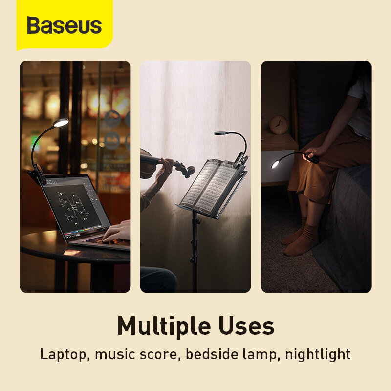 Baseus كتاب ضوء USB Led قابلة للشحن مشبك صغير على لمبة مكتب ضوء مرنة ليلة ضوء القراءة مصباح للسفر غرفة نوم كتاب