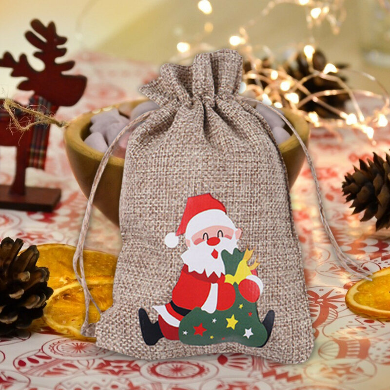 Bolsas de lino de yute para decoración de Navidad, bolsa de yute con cordón para regalo, dulces para regalos de Navidad, estampado para niños