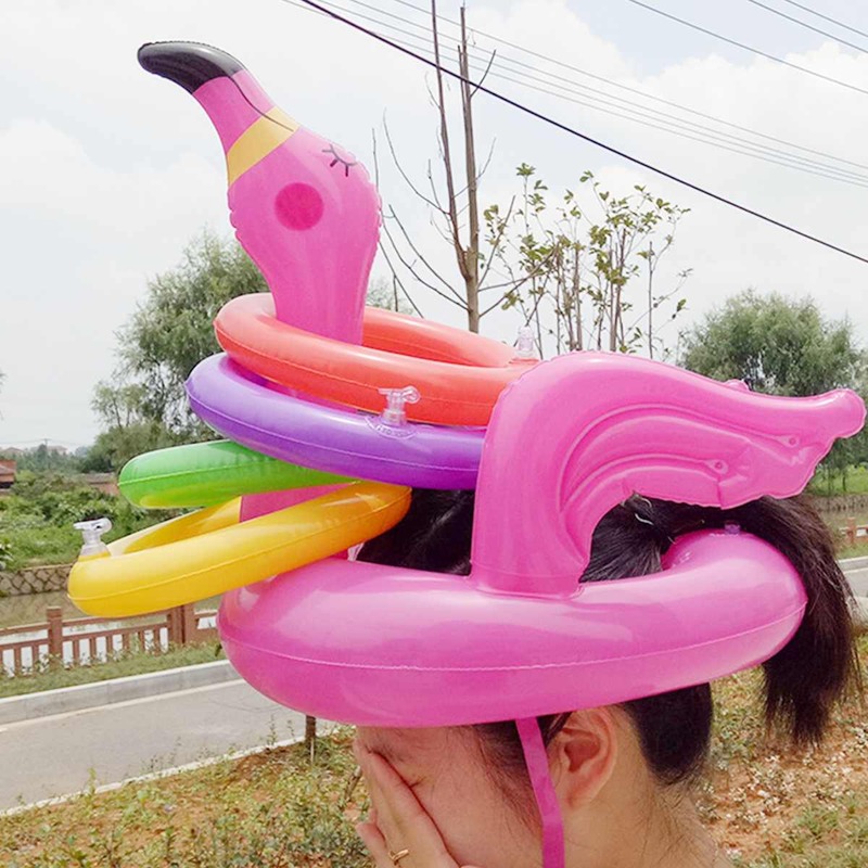 Portable Inflatable Flamingo Head Hat With 4Pcs Toss Rings Water Game For Family Party Pink PVC Material Pools & Fun Toys