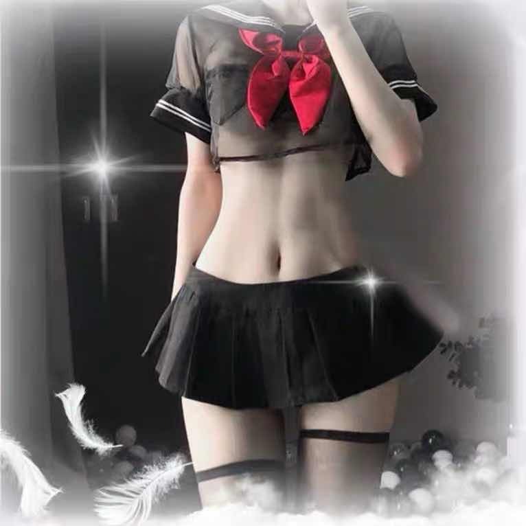 Womens Student Uniform with Front Tie Plaid Mini Skirt Red Exotic Costumes Role Play Sexy Keyhole School Girls Lingerie