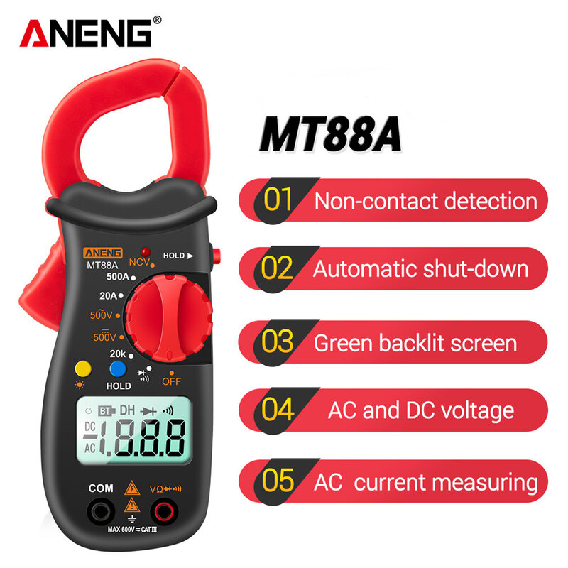 Aneng mt88a digital braçadeira medidor multímetro dc/ac tensão ac atual tester capacitância de frequência ncv teste