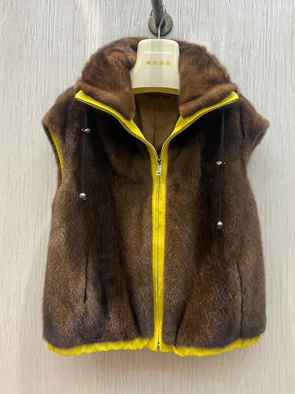 2023ลดราคาพิเศษมาใหม่แฟชั่นผู้หญิงฤดูหนาวหนาอบอุ่นขนสัตว์ Mink จริงเสื้อกั๊ก Mink Fur Collar Zipper Waistcoat