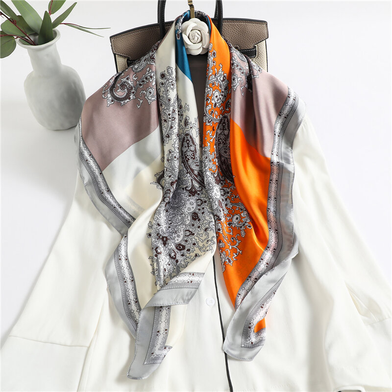 Bandana en Satin de soie pour femmes, Foulard carré imprimé 90cm, bandeau pour cheveux, châles, sac portefeuille