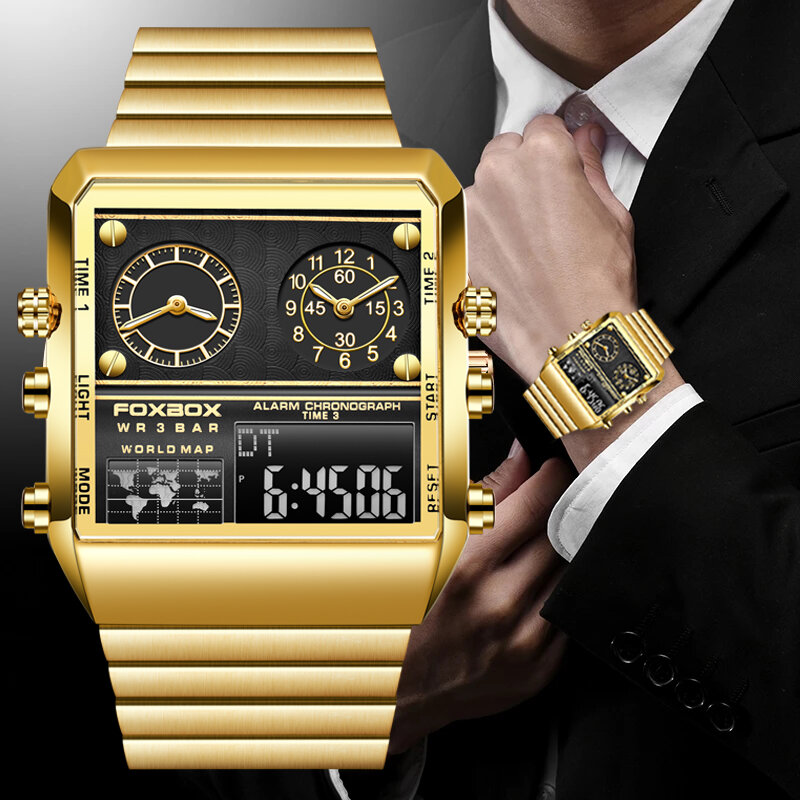 LIGE 2022 Neue Top Marke Luxus Mode Männer Uhren Gold Edelstahl Sport Platz Digital Analog Große Quarzuhr für mann