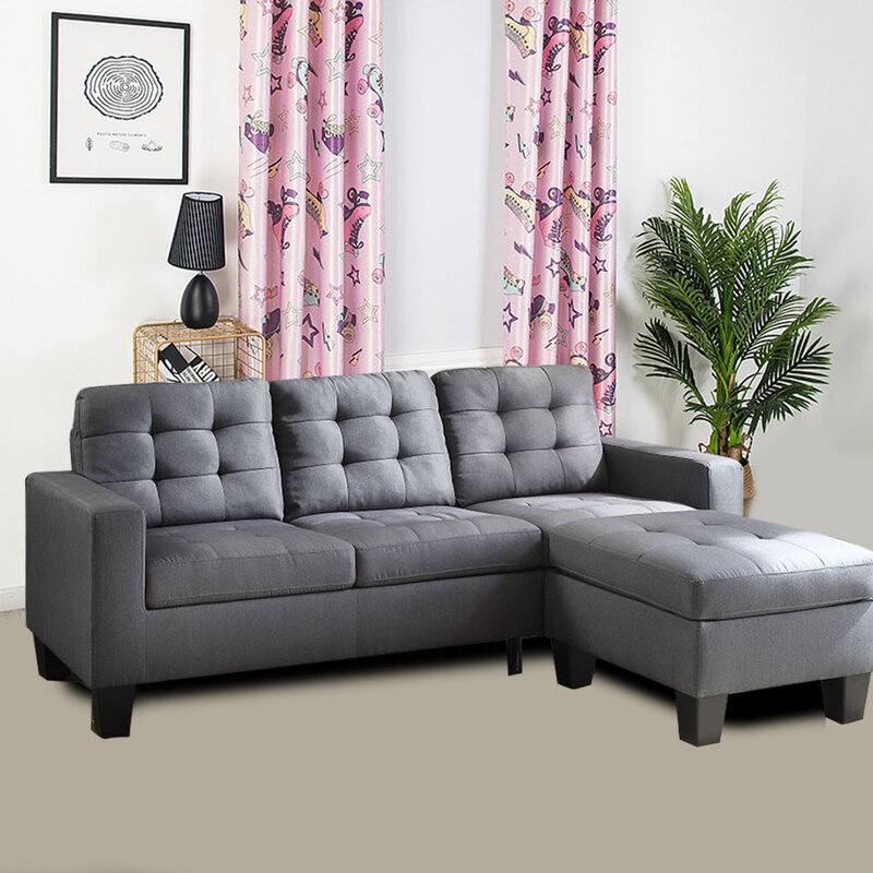 Canapé modulaire en lin gris en forme de L, confortable et Durable, Orientation à droite incluse
