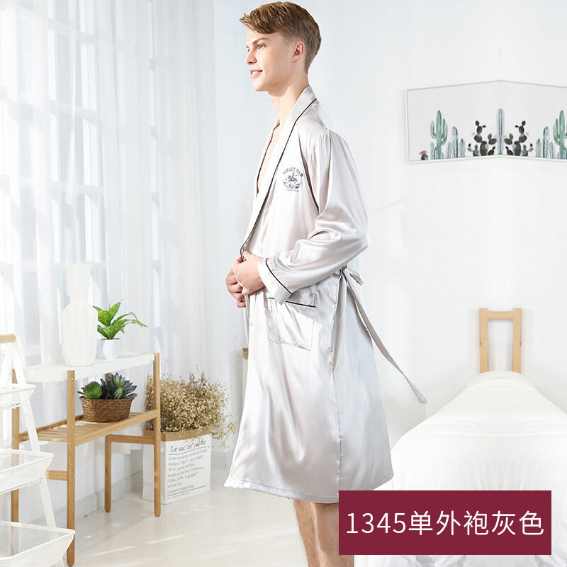 Mens Bathrobe Man Ice Silk Robes Sleepwear Long Sleeve Male Bath Robe Lounge Nightgown Home Clothes Pajamas Set Two Piece