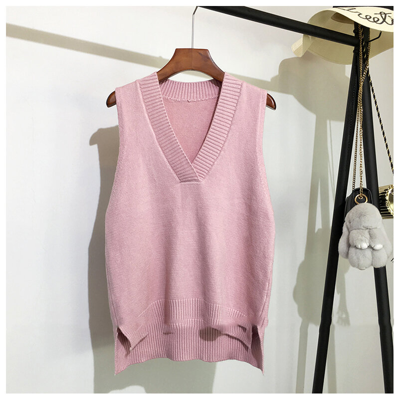 Camisola de tricô colete feminino sem mangas com decote em v soild outono e inverno novo coreano solto selvagem casual rosa malha camisola feminina