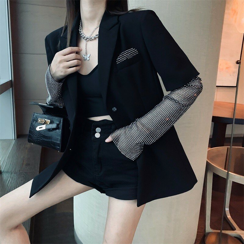2023 New fashion Autumn Black Blazer For Women Long Sleeve Diamond Patchwork Long Elegant Coat Female women Clothing