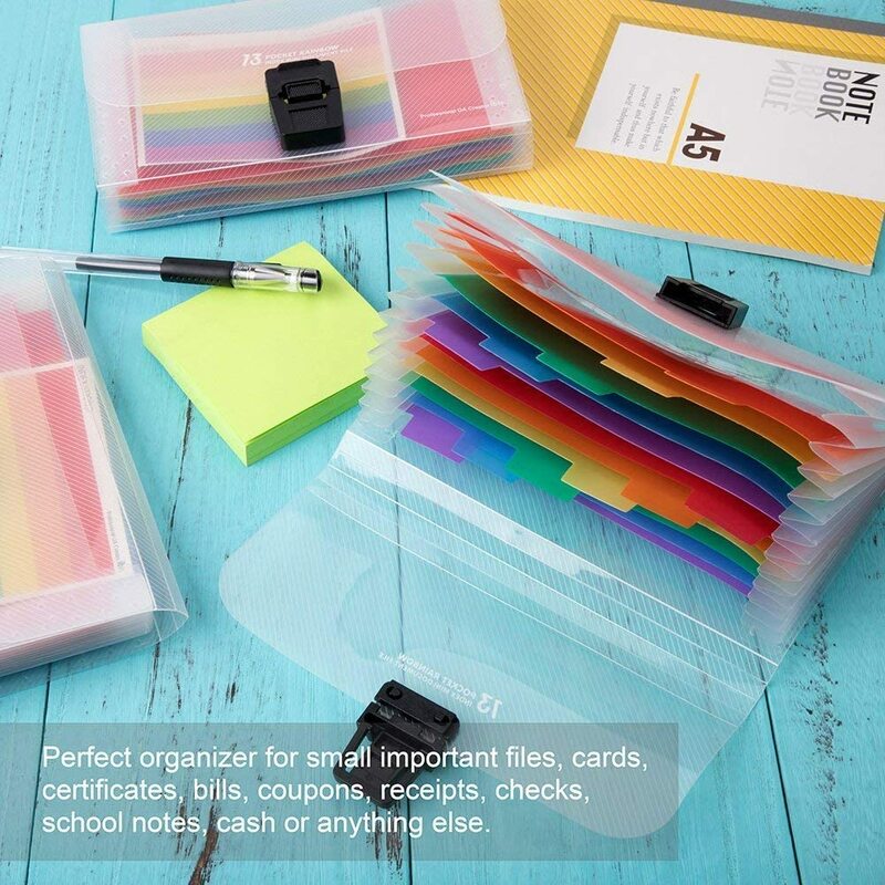 Organizador de archivos de acordeón pequeño, carpetas de billetes de expansión de plástico, 24 etiquetas de colores, cajas de índice, 13 bolsillos