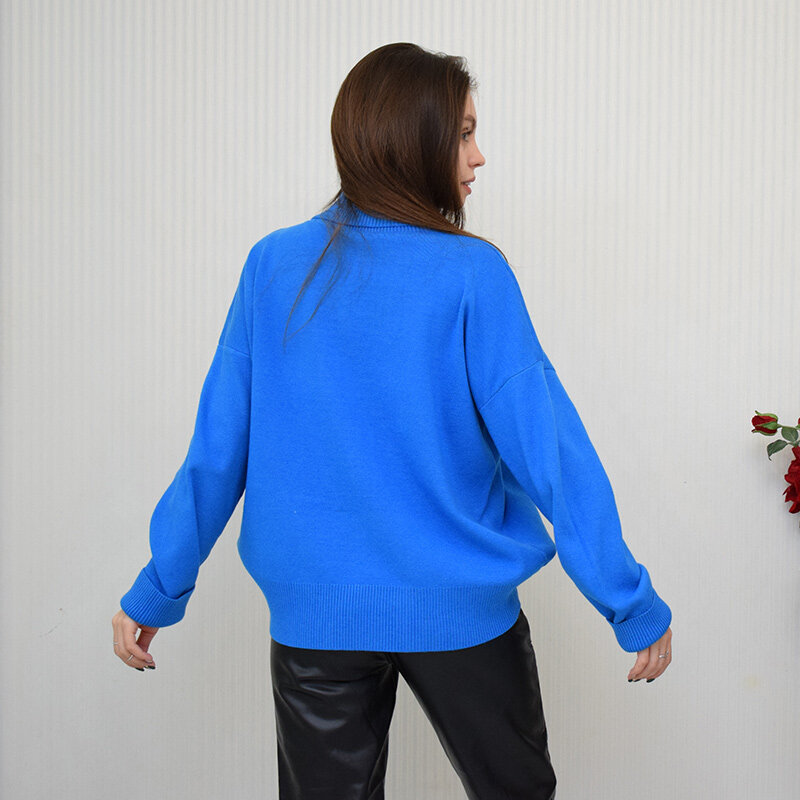 Suéter de cuello alto para mujer, jersey de manga larga con fondo, color azul, para Otoño e Invierno