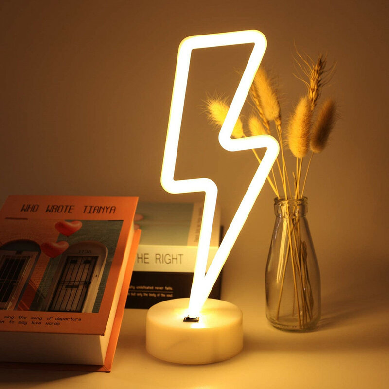 Letrero de neón LED con forma de rayo, luz nocturna alimentada por USB, funciona con batería, lámpara de mesa decorativa para decoración de sala de estar y fiesta en casa