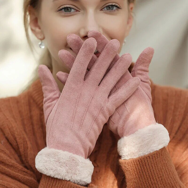 Frauen Handschuhe Winter Touchscreen 2021 Weiblichen Wildleder Furry Warm Voll Finger Handschuhe Dame Winter Outdoor Sport Driving Frauen Handschuhe