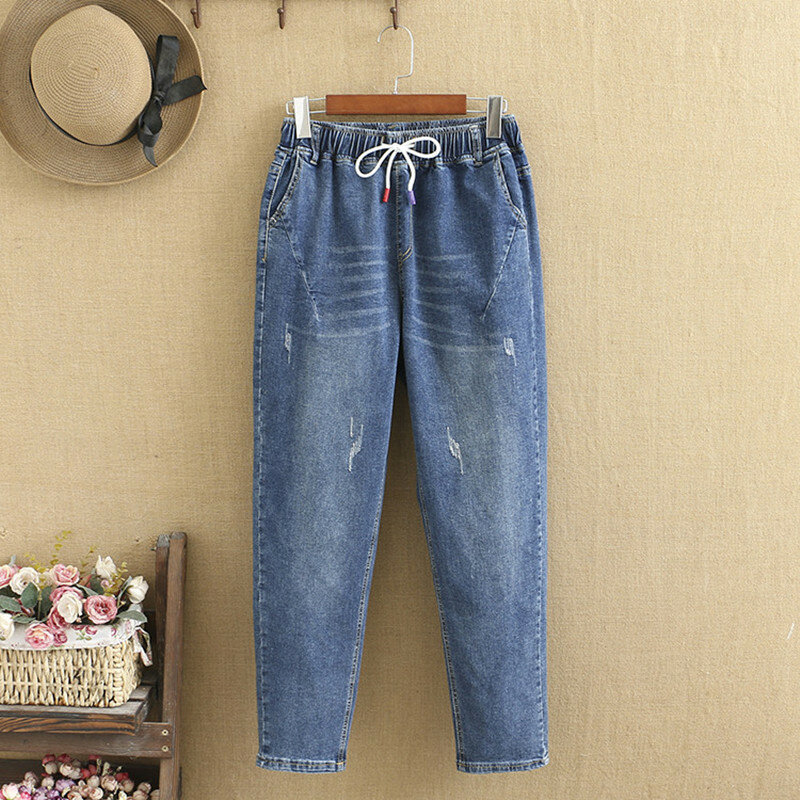 Large Size Jeans for Women  High Waist Trousers Spring and autumn wear elastic fabric waist trousers Big ass lady jeans