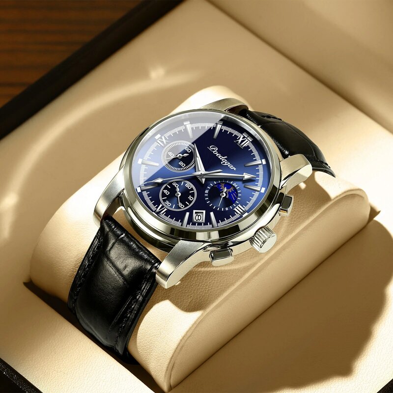 POEDAGAR 2021-relojes de cuarzo y cuero para hombre, reloj de pulsera azul de lujo, resistente al agua, luminoso, deportivo, a la moda