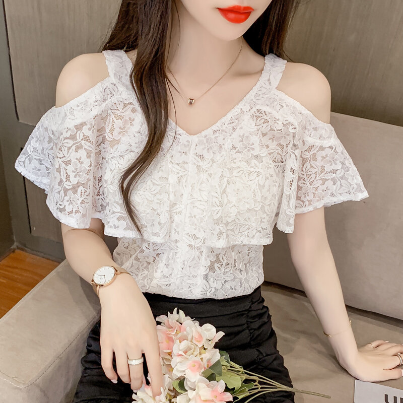 블라우스 셔츠 풀오버 반팔 2021 여름 새로운 레이스 빈티지 오프-어깨 슬림 패션 한국어 버전 여성 톱 130i