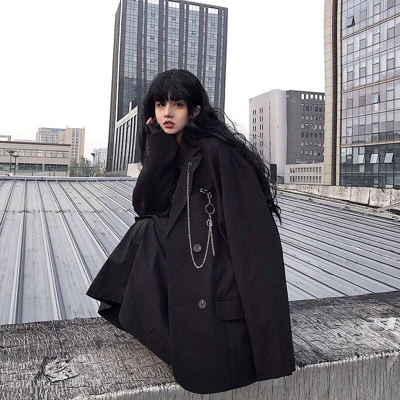 Женский блейзер, черный весенне-осенний костюм, Женская свободная Новая повседневная куртка с длинными рукавами в стиле ins, 2021