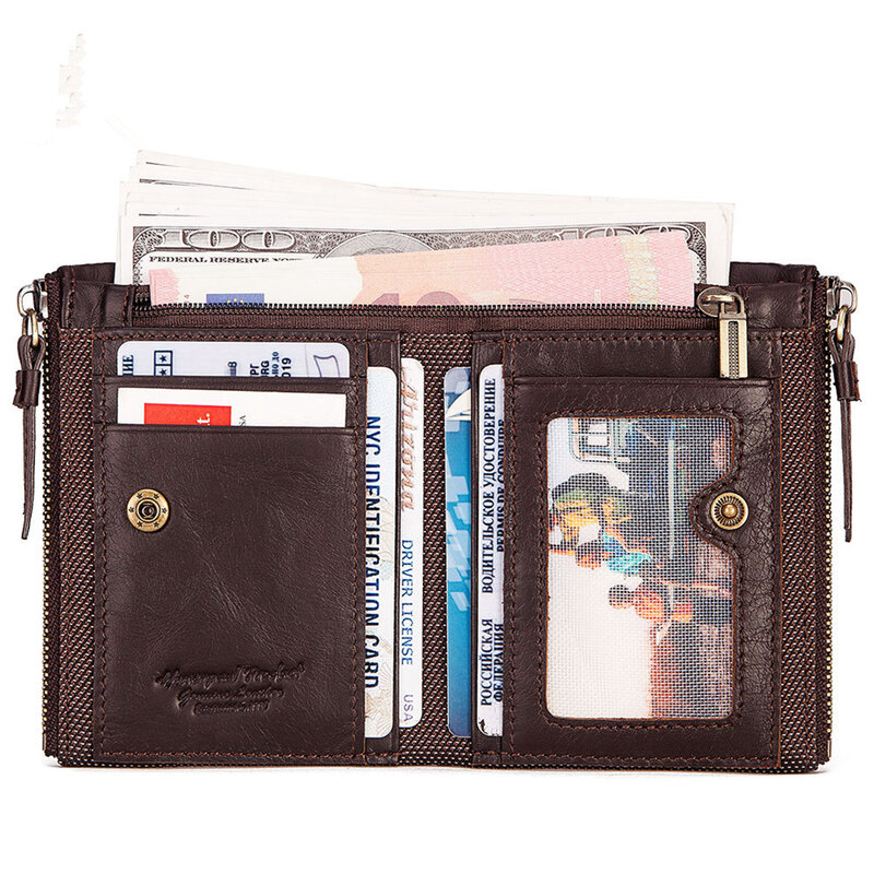 Men's Retro Genuine Leather Wallets Quality RFID Blocking Double Zipper Hasp Short Wallet Leisure Coin Purse Male Card Holder