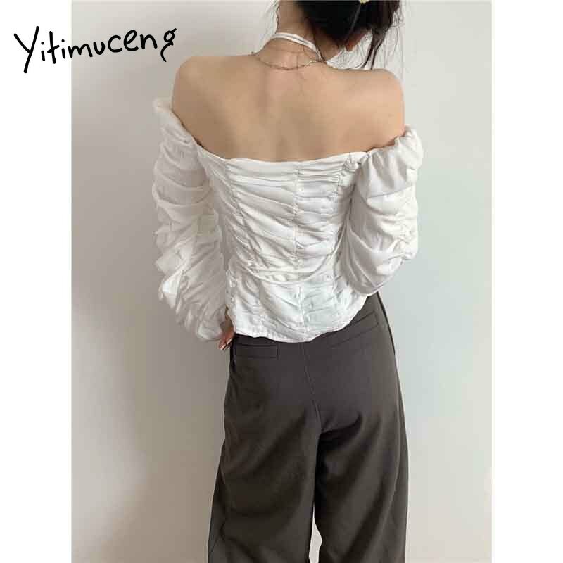 Yitimuceng ruched blusa feminina bandagem ombro nu camisas manga sopro unicolor branco roupas 2021 verão coreano moda topos
