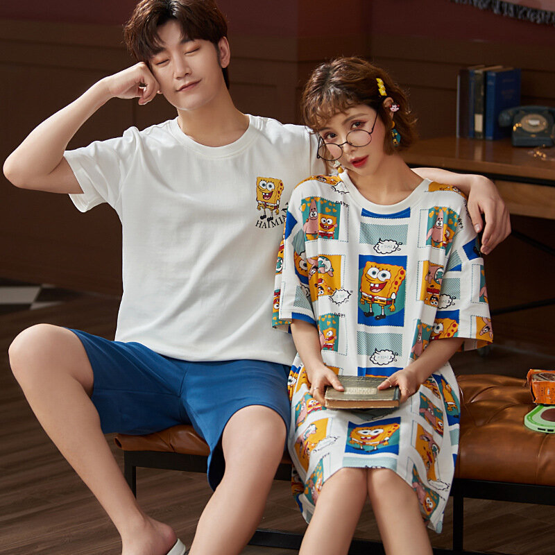 Beberapa Musim Panas Piyama Set Pria T Shirt Celana Pendek Wanita Pijama Unit Kapas Rumah Baju Tidur Kartun Lucu Lounge Lengan Pendek 3XL