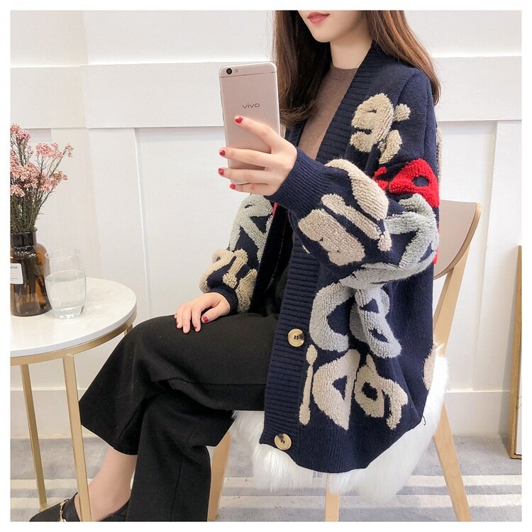 Autumn Winter Cardigan Women Vintage Knitted Sweater Oversized Cardigan V-neck Single-breasted Korean knitwear Tops