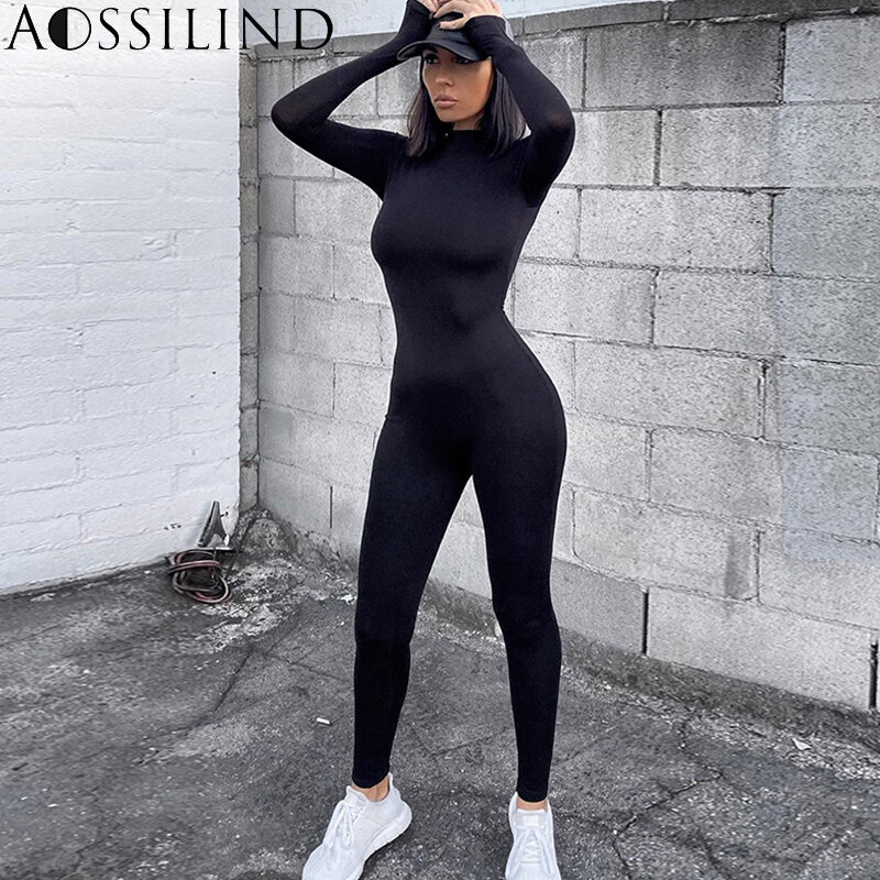 AOSSILIND คอเต่าสีดำ Skinny Casual Jumpsuit ผู้หญิงแขนยาวกลับซิปกีฬาผู้หญิงออกกำลังกาย Bodycon Overalls