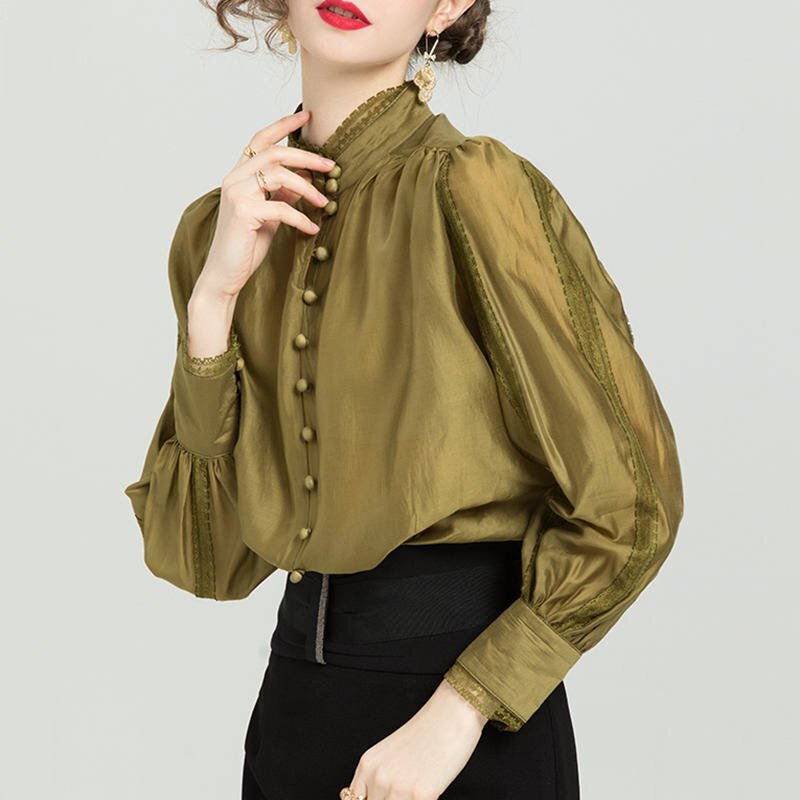 Camisa de manga larga con cuello de encaje para mujer, top de gasa de seda con cuello redondo, moda retro, novedad de Primavera/Verano 2021