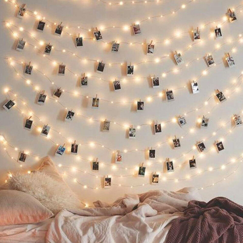 Cordão de luzes de led com clip para fotos, 2m/5m, corda de cobre, para festa em casa, natal, casamento, cartão, natal decoração de parede do café da árvore