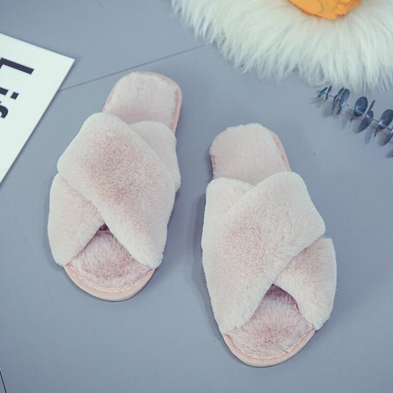 Winter Women House Slippers Faux Fur Fashion Warm Shoes Woman Slip On Flats Female Slides Black Pink Cozy Home Furry Slippers