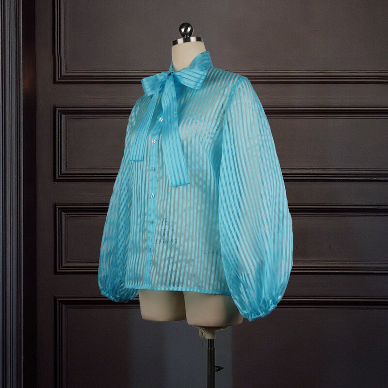 여성 블라우스 스트라이프 bowtie와 함께 섹시한 얇은 투명 긴 랜턴 슬리브 탑 셔츠 여성 패션 Bluas 2021