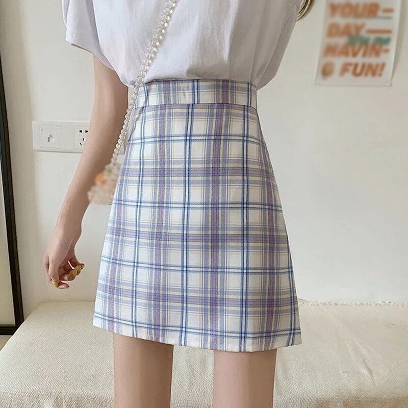 Feminino xadrez mini saias a-line vintage doce adorável estudante de cintura alta coreano elegante moda simples all-match bonito saias novo